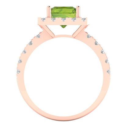 3.84 cttw Natural Peridot Solitaire with Zirconia Simulated Diamond Accents Engagement Ring - Solid Rose Gold (VVS1, Emerald Cut,9x7mm)