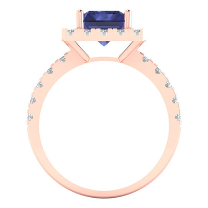 3.84 cttw Simulated Tanzanite Solitaire with Zirconia Simulated Diamond Accents Engagement Ring - Solid Rose Gold (VVS1, Emerald Cut,9x7mm)
