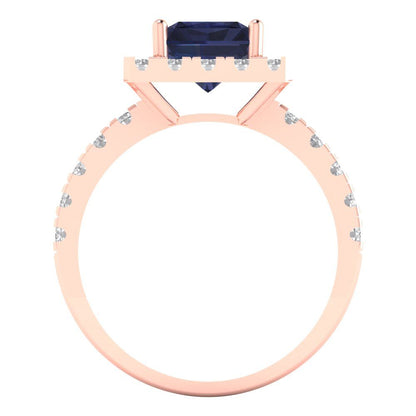 3.84 cttw Simulated Blue Sapphire Solitaire with Zirconia Simulated Diamond Accents Engagement Ring - Solid Gold (Emerald Cut,9x7mm)