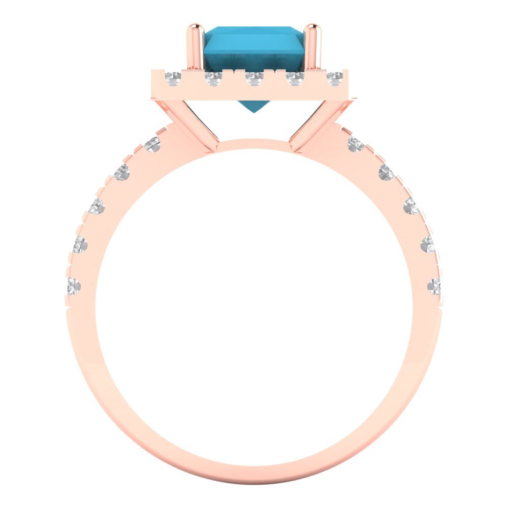 3.84 cttw Simulated Turquoise Solitaire with Zirconia Simulated Diamond Accents Engagement Ring - Solid Rose Gold (VVS1, Emerald Cut,9x7mm)