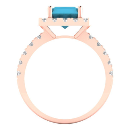 3.84 cttw Simulated Turquoise Solitaire with Zirconia Simulated Diamond Accents Engagement Ring - Solid Rose Gold (VVS1, Emerald Cut,9x7mm)