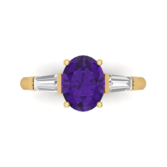2.5 cttw Natural Amethyst Three-Stone Engagement Ring - Solid Yellow Gold (VVS1, Oval Cut,9x7mm)