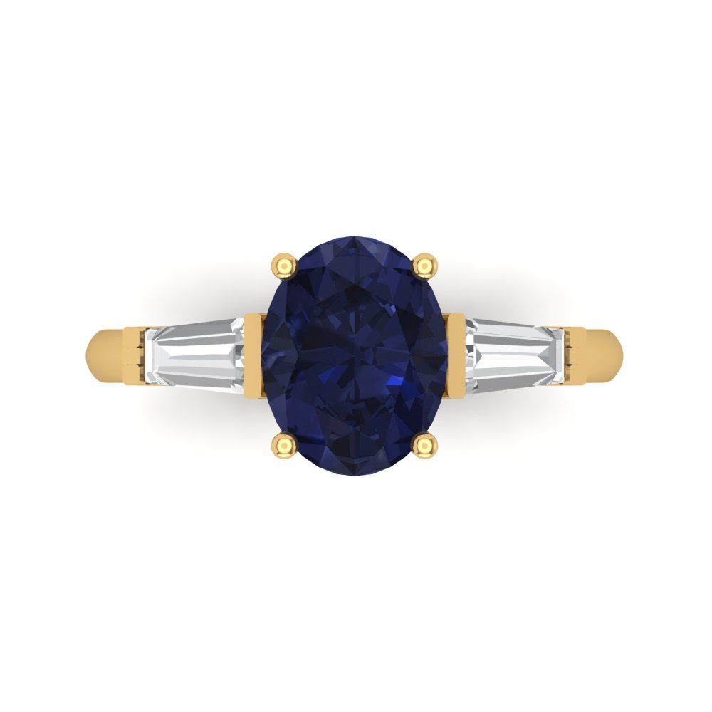 2.5 cttw Simulated Blue Sapphire Three-Stone Engagement Ring - Solid Gold (Oval Cut,9x7mm)