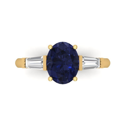 2.5 cttw Simulated Blue Sapphire Three-Stone Engagement Ring - Solid Gold (Oval Cut,9x7mm)