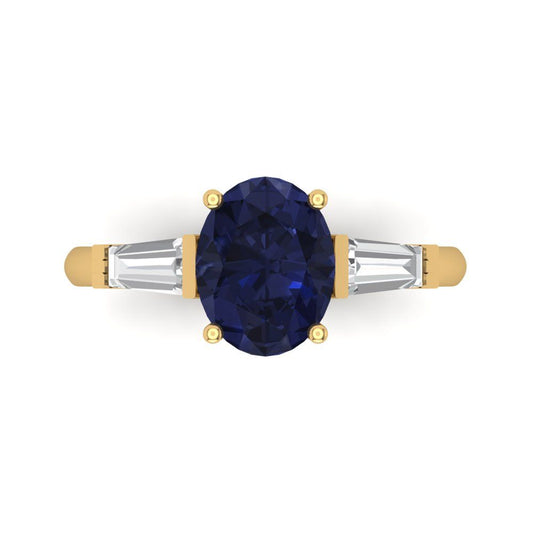 2.5 cttw Simulated Blue Sapphire Three-Stone Engagement Ring - Solid Yellow Gold (VVS1, Oval Cut,9x7mm)