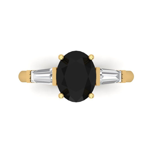2.5 cttw Natural Onyx Three-Stone Engagement Ring - Solid Yellow Gold (VVS1, Oval Cut,9x7mm)