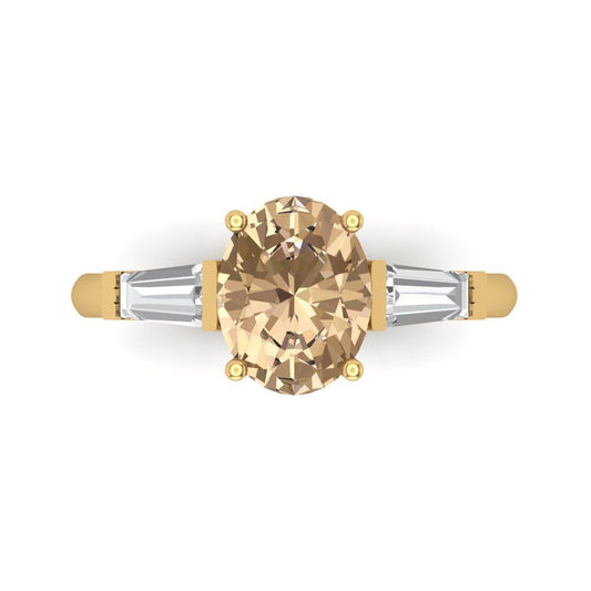 2.5 cttw Yellow Moissanite Three-Stone Engagement Ring - Solid Yellow Gold (VVS1, Oval Cut,9x7mm)