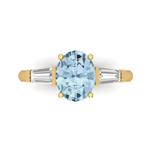 2.5 cttw Natural Sky Blue Topaz Three-Stone Engagement Ring - Solid Yellow Gold (VVS1, Oval Cut,9x7mm)