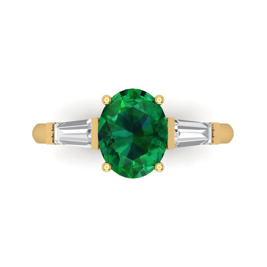2.5 cttw Simulated Emerald Three-Stone Engagement Ring - Solid Yellow Gold (VVS1, Oval Cut,9x7mm)