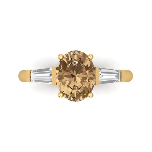 2.5 cttw Zirconia Simulated Champagne Diamond Three-Stone Engagement Ring - Solid Yellow Gold (VVS1, Oval Cut,9x7mm)