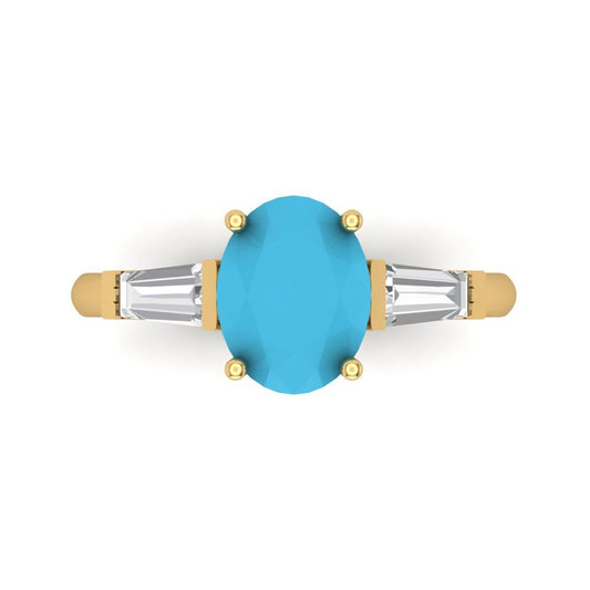 2.5 cttw Simulated Turquoise Three-Stone Engagement Ring - Solid Yellow Gold (VVS1, Oval Cut,9x7mm)
