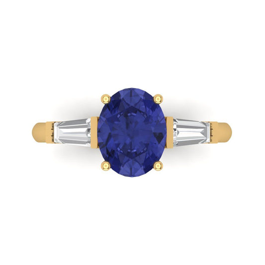 2.5 cttw Simulated Tanzanite Three-Stone Engagement Ring - Solid Yellow Gold (VVS1, Oval Cut,9x7mm)