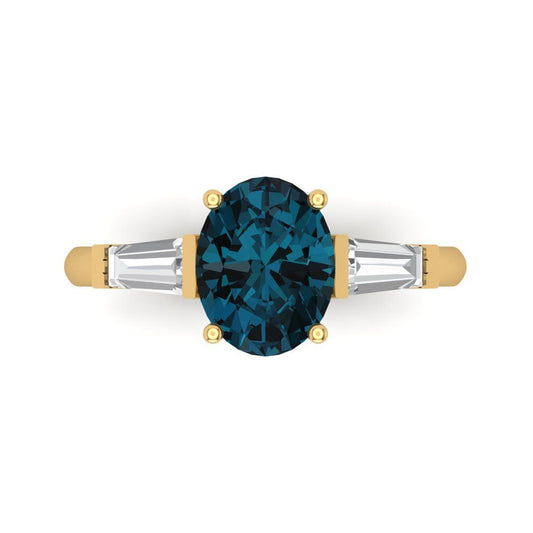 2.5 cttw Natural London Blue Topaz Three-Stone Engagement Ring - Solid Yellow Gold (VVS1, Oval Cut,9x7mm)