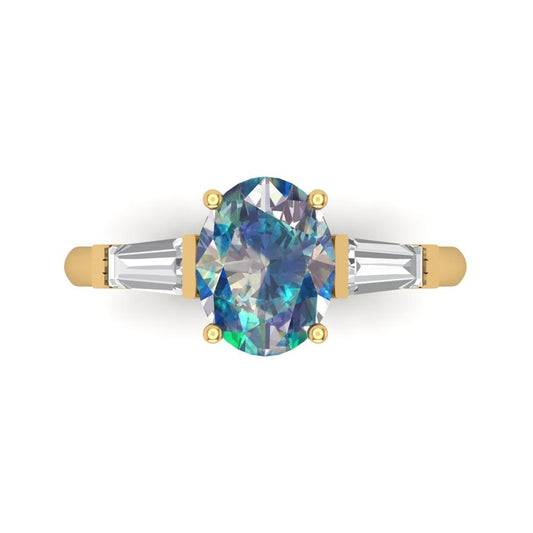 2.5 cttw Blue Moissanite Three-Stone Engagement Ring - Solid Yellow Gold (VVS1, Oval Cut,9x7mm)