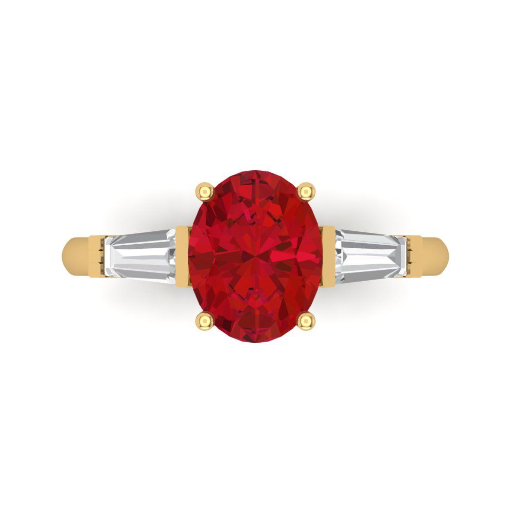 2.5 cttw Simulated Ruby Three-Stone Engagement Ring - Solid Yellow Gold (VVS1, Oval Cut,9x7mm)