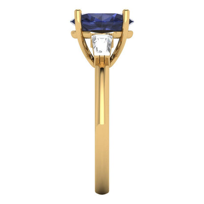 2.5 cttw Simulated Blue Sapphire Three-Stone Engagement Ring - Solid Gold (Oval Cut,9x7mm)