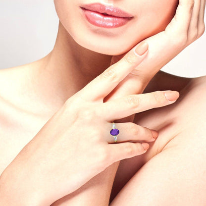 2.5 cttw Natural Amethyst Three-Stone Engagement Ring - Solid Gold (Oval Cut,9x7mm)