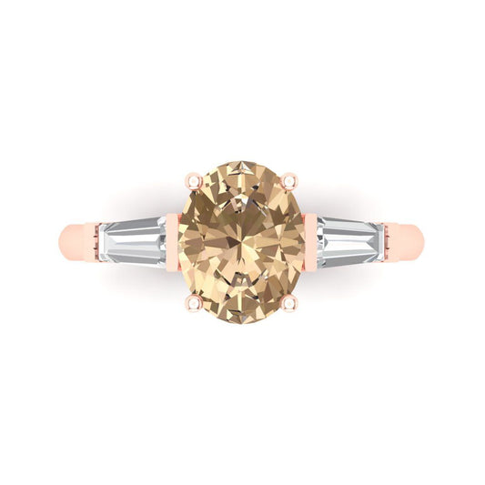 2.5 cttw Yellow Moissanite Three-Stone Engagement Ring - Solid Rose Gold (VVS1, Oval Cut,9x7mm)