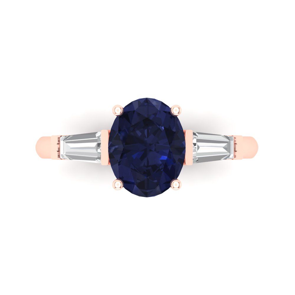 2.5 cttw Simulated Blue Sapphire Three-Stone Engagement Ring - Solid Rose Gold (VVS1, Oval Cut,9x7mm)