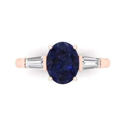 2.5 cttw Simulated Blue Sapphire Three-Stone Engagement Ring - Solid Rose Gold (VVS1, Oval Cut,9x7mm)
