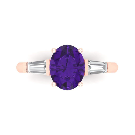 2.5 cttw Natural Amethyst Three-Stone Engagement Ring - Solid Rose Gold (VVS1, Oval Cut,9x7mm)