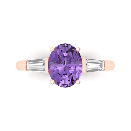 2.5 cttw Simulated Alexandrite Three-Stone Engagement Ring - Solid Rose Gold (VVS1, Oval Cut,9x7mm)