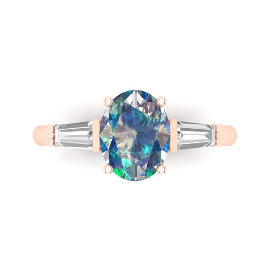 2.5 cttw Blue Moissanite Three-Stone Engagement Ring - Solid Rose Gold (VVS1, Oval Cut,9x7mm)