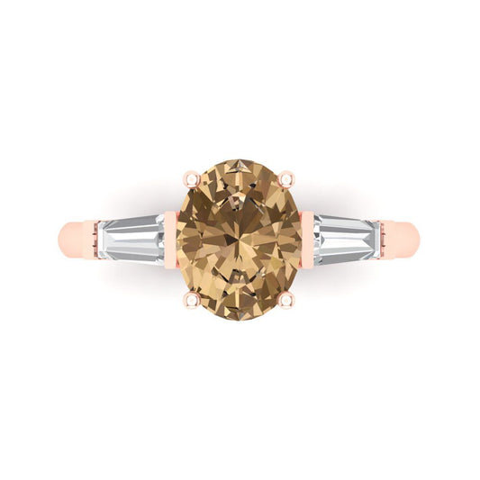2.5 cttw Zirconia Simulated Champagne Diamond Three-Stone Engagement Ring - Solid Rose Gold (VVS1, Oval Cut,9x7mm)