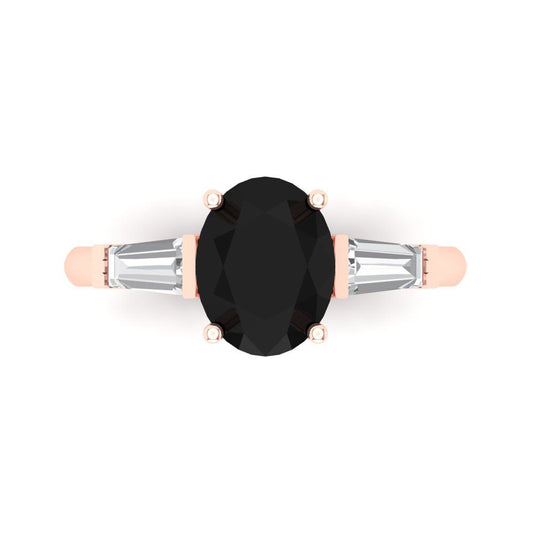 2.5 cttw Natural Onyx Three-Stone Engagement Ring - Solid Rose Gold (VVS1, Oval Cut,9x7mm)