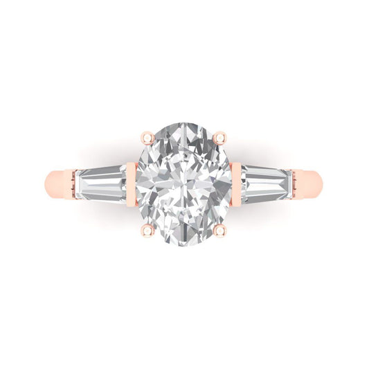 2.5 cttw Moissanite Three-Stone Engagement Ring - Solid Rose Gold (VVS1, Oval Cut,9x7mm)