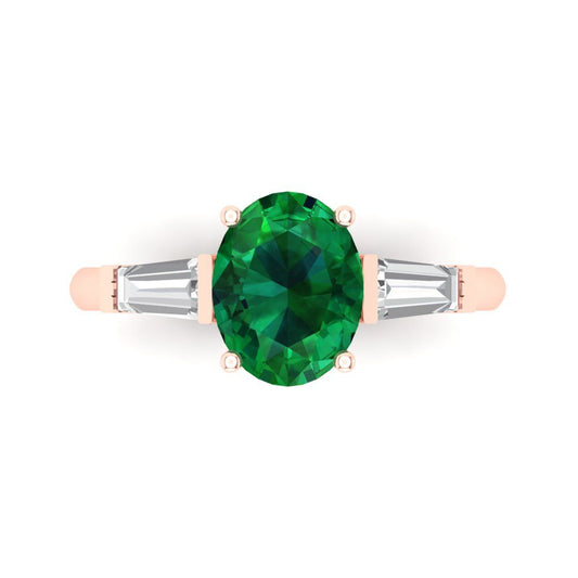 2.5 cttw Simulated Emerald Three-Stone Engagement Ring - Solid Rose Gold (VVS1, Oval Cut,9x7mm)