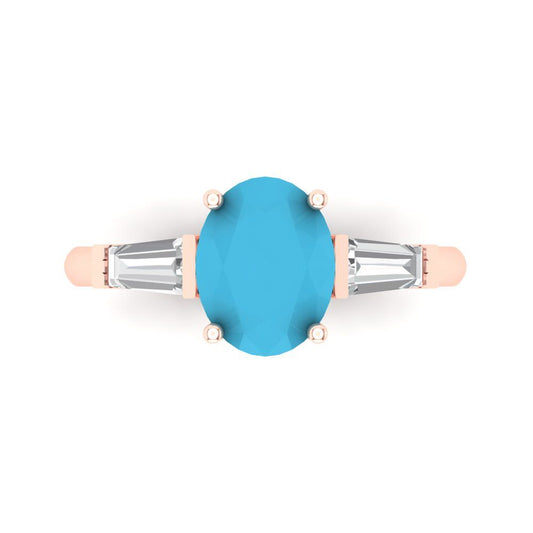 2.5 cttw Simulated Turquoise Three-Stone Engagement Ring - Solid Rose Gold (VVS1, Oval Cut,9x7mm)