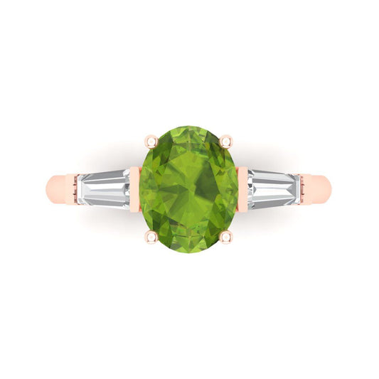 2.5 cttw Natural Peridot Three-Stone Engagement Ring - Solid Rose Gold (VVS1, Oval Cut,9x7mm)