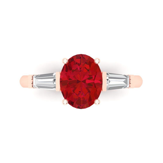 2.5 cttw Simulated Ruby Three-Stone Engagement Ring - Solid Rose Gold (VVS1, Oval Cut,9x7mm)