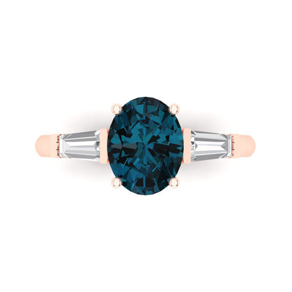 2.5 cttw Natural London Blue Topaz Three-Stone Engagement Ring - Solid Gold (Oval Cut,9x7mm)