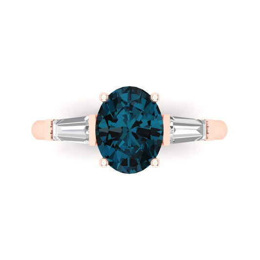 2.5 cttw Natural London Blue Topaz Three-Stone Engagement Ring - Solid Rose Gold (VVS1, Oval Cut,9x7mm)