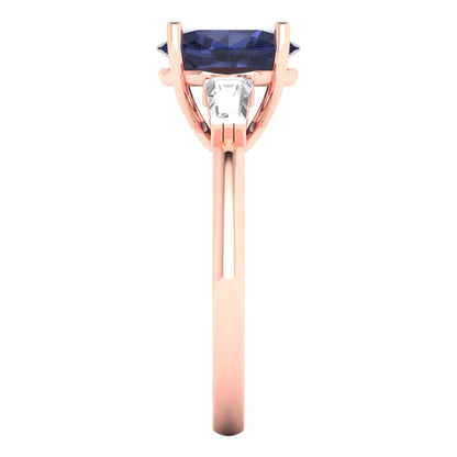 2.5 cttw Simulated Blue Sapphire Three-Stone Engagement Ring - Solid Rose Gold (VVS1, Oval Cut,9x7mm)