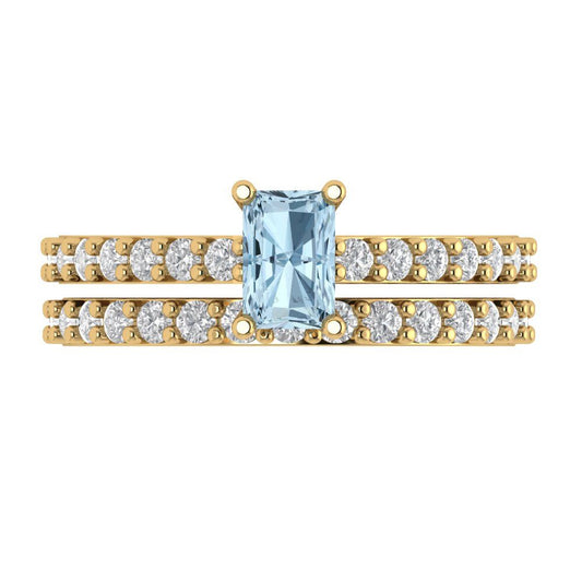 1.325 cttw Emerald Cut Simulated Blue Diamond Bridal Set - Solid Yellow Gold Engagement Ring & Wedding Band