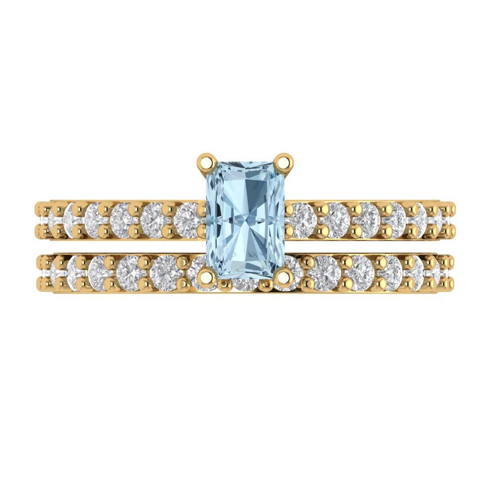 1.325 cttw Emerald Cut Natural Aquamarine Bridal Set - Solid Yellow Gold Engagement Ring & Wedding Band