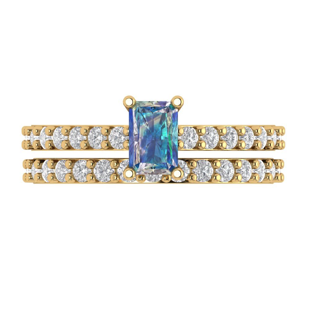 1.325 cttw Emerald Cut Blue Moissanite Bridal Set - Solid Yellow Gold Engagement Ring & Wedding Band