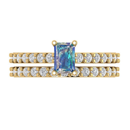 1.325 cttw Emerald Cut Blue Moissanite Bridal Set - Solid Yellow Gold Engagement Ring & Wedding Band