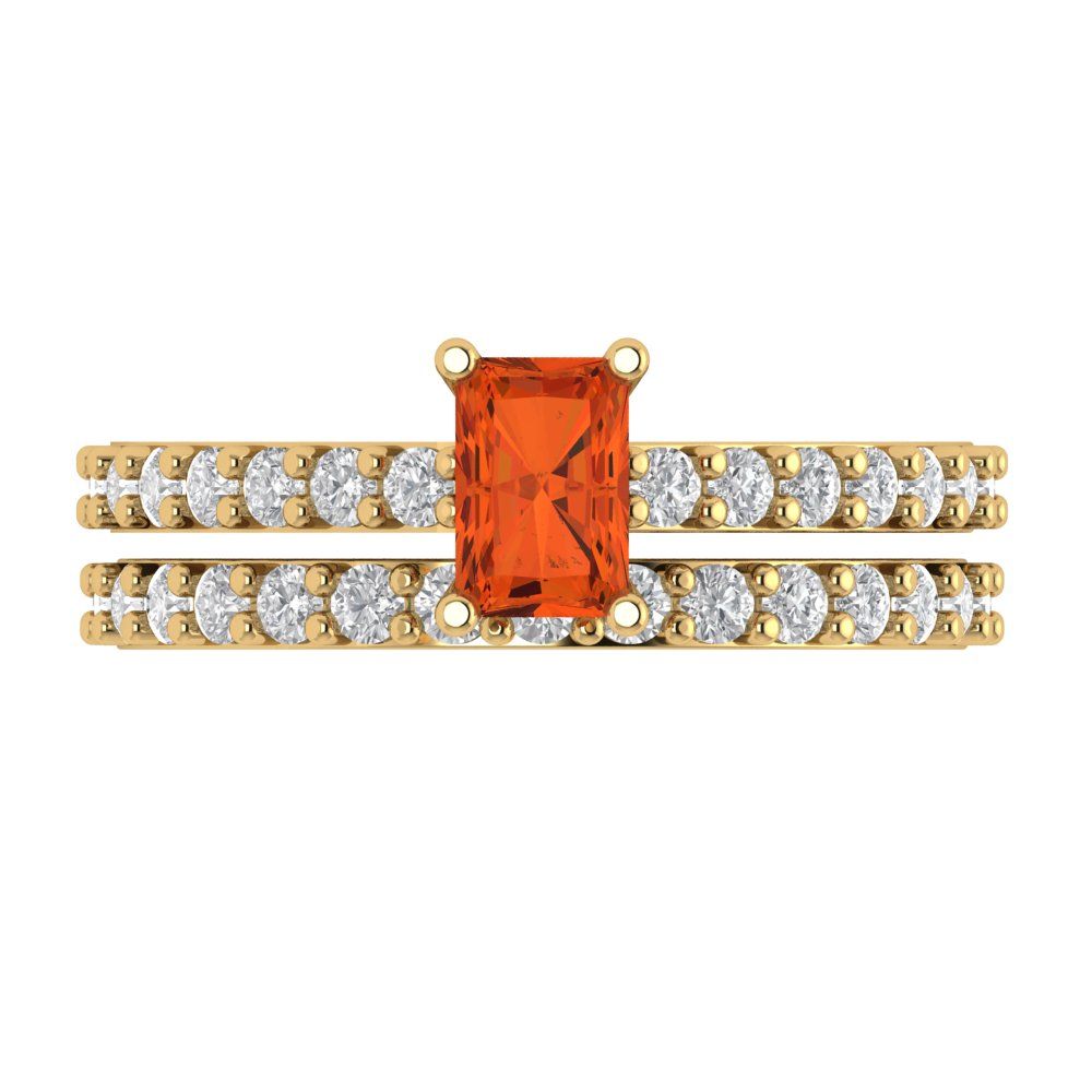 1.325 cttw Emerald Cut Simulated Red Diamond Bridal Set - Solid Yellow Gold Engagement Ring & Wedding Band