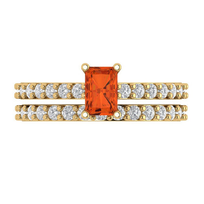 1.325 cttw Emerald Cut Simulated Red Diamond Bridal Set - Solid Yellow Gold Engagement Ring & Wedding Band