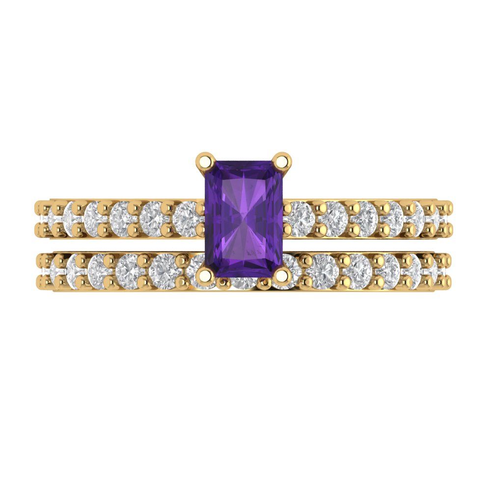 1.325 cttw Emerald Cut Natural Amethyst Bridal Set - Solid Yellow Gold Engagement Ring & Wedding Band