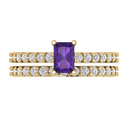 1.325 cttw Emerald Cut Natural Amethyst Bridal Set - Solid Yellow Gold Engagement Ring & Wedding Band