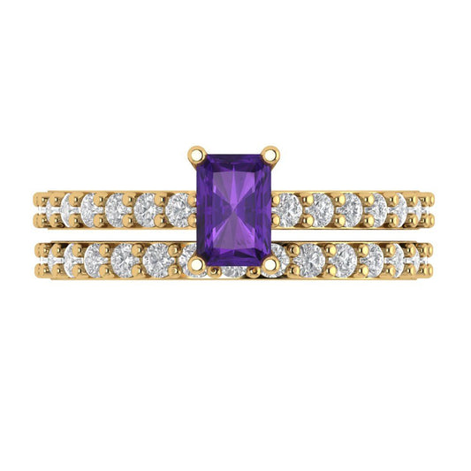 1.325 cttw Emerald Cut Natural Amethyst Bridal Set - Solid Yellow Gold Engagement Ring & Wedding Band