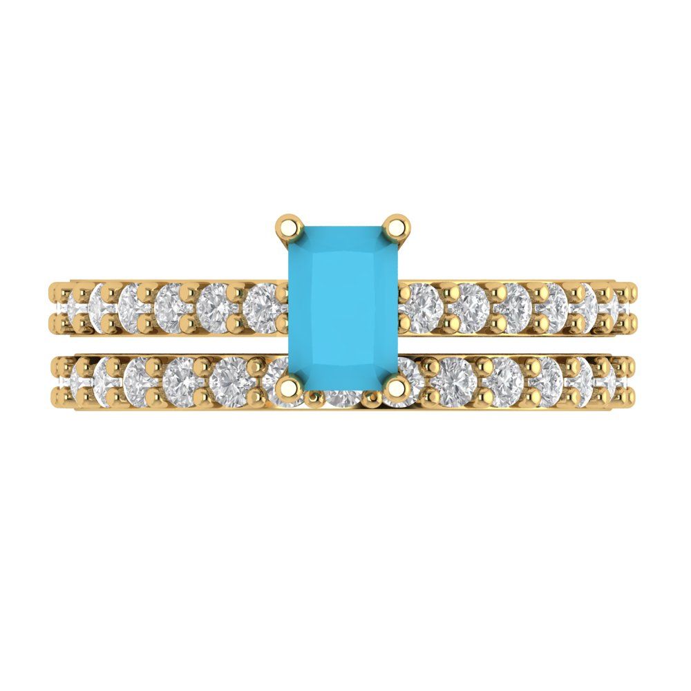 1.325 cttw Emerald Cut Simulated Turquoise Bridal Set - Solid Yellow Gold Engagement Ring & Wedding Band