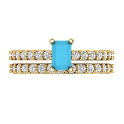 1.325 cttw Emerald Cut Simulated Turquoise Bridal Set - Solid Yellow Gold Engagement Ring & Wedding Band