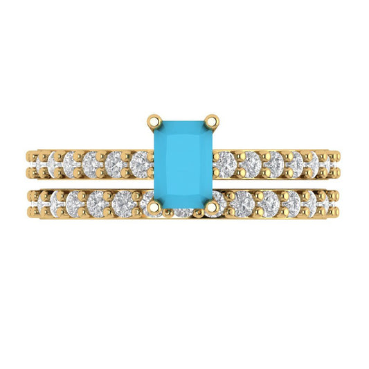 1.325 cttw Emerald Cut Simulated Turquoise Bridal Set - Solid Yellow Gold Engagement Ring & Wedding Band