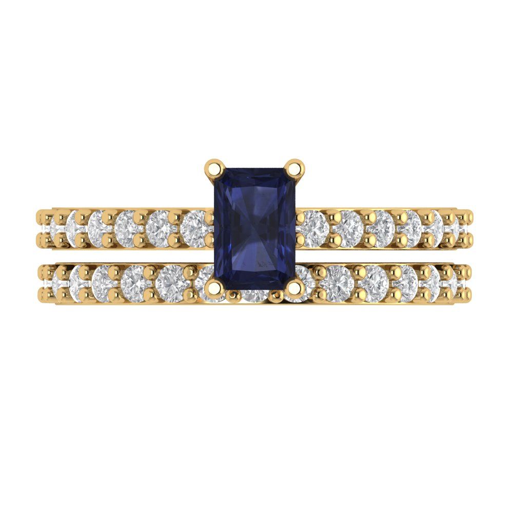 1.325 cttw Emerald Cut Simulated Blue Sapphire Bridal Set - Solid Yellow Gold Engagement Ring & Wedding Band